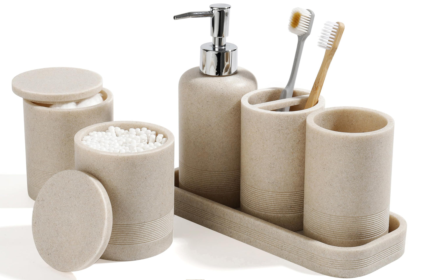 6-Piece Ceramic Bathroom Accessories Set | Neutral Boho