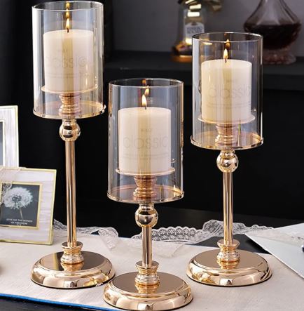 Champagne Gold Candlestick Holder |  Electroplated Metal & Glass Hurricane